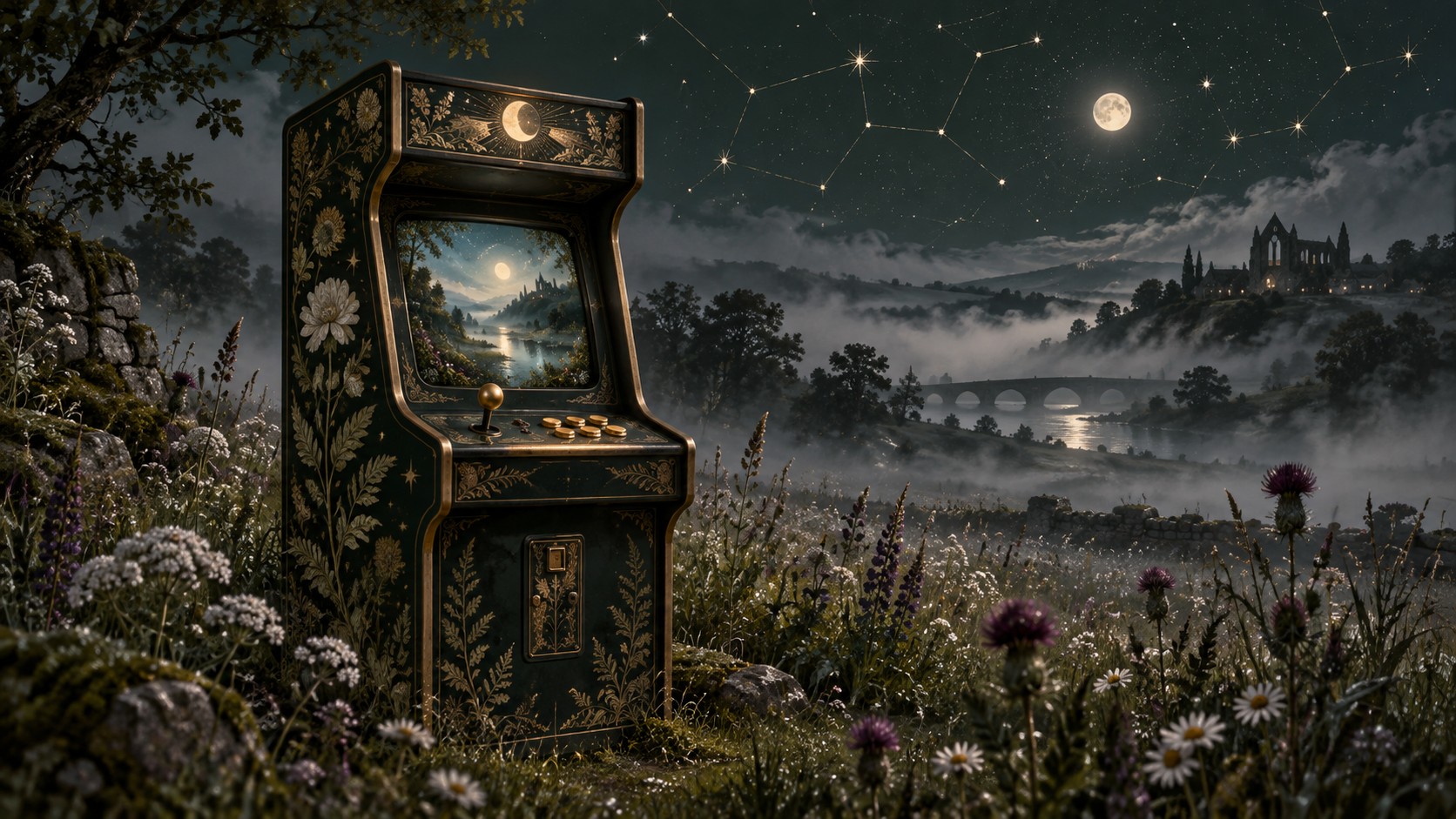 A botanical game cabinet beneath constellations